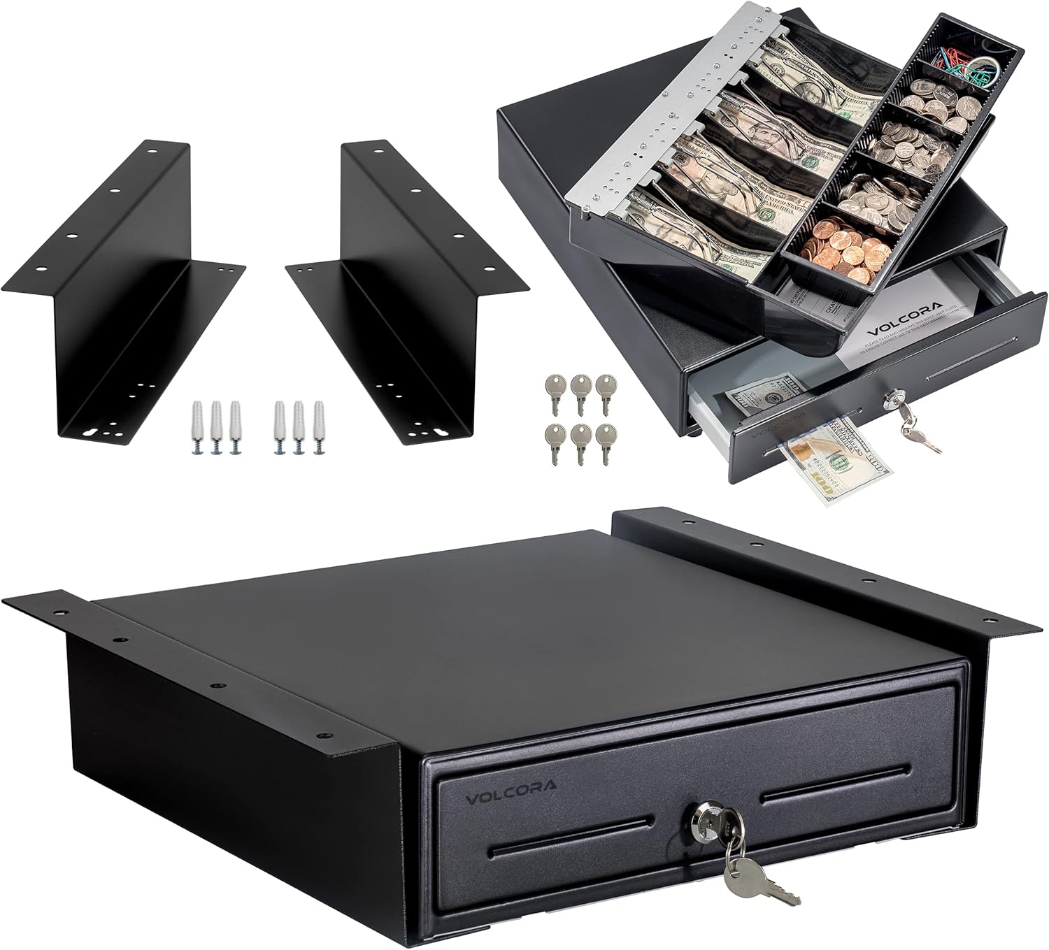 Cash Register Drawer with Under Counter Mounting Metal Bracket, 13" Black Cash Drawer for POS, 4 Bill 5 Coin Cash