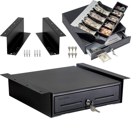 Cash Register Drawer with Under Counter Mounting Metal Bracket, 13" Black Cash Drawer for POS, 4 Bill 5 Coin Cash