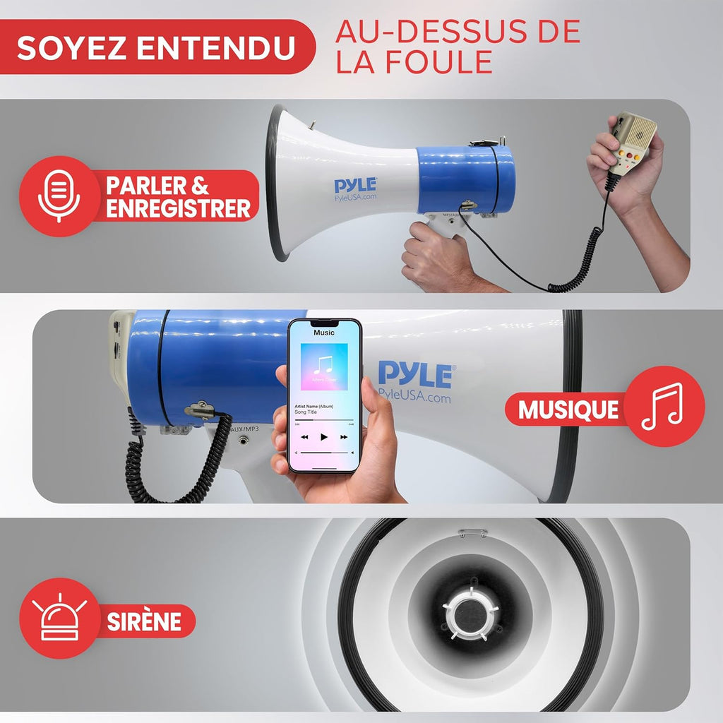 Megaphone PA Bullhorn Speaker - Built-in Siren 50 Watts Rechargeable Battery- 10 Sec Record Function for Football