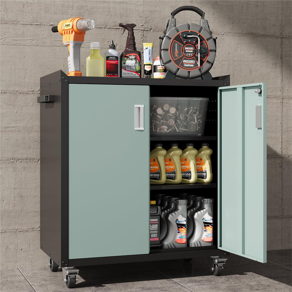 Gray & Black Metal Garage Cabinet with Wheels, Lockable 2-Door