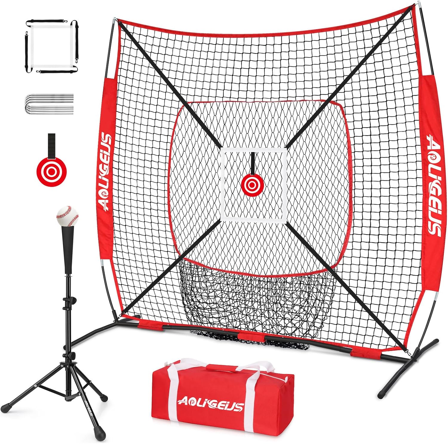 6'x6' Baseball Softball Pitching Net Practice Net,Batting Tee | Baseball Pitching Net with Batting Tee Strike Zone
