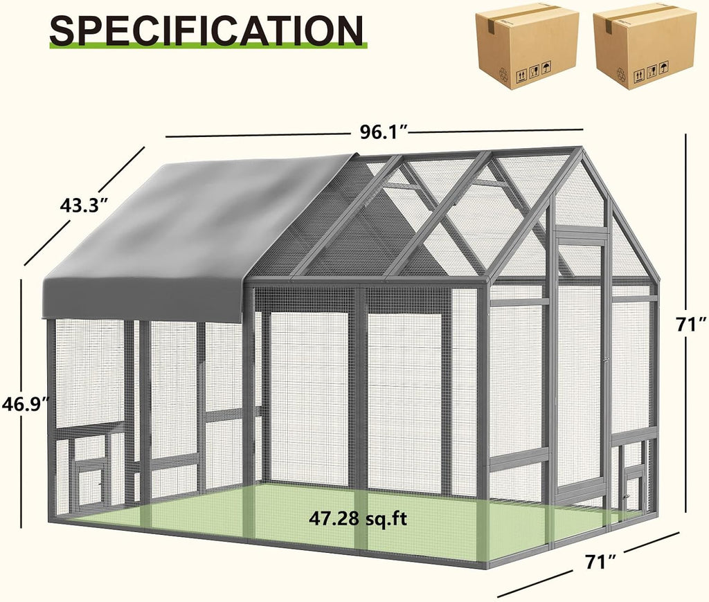 Chicken Coop for10-12 Chickens, Large Wooden Chickens Run, Gray
