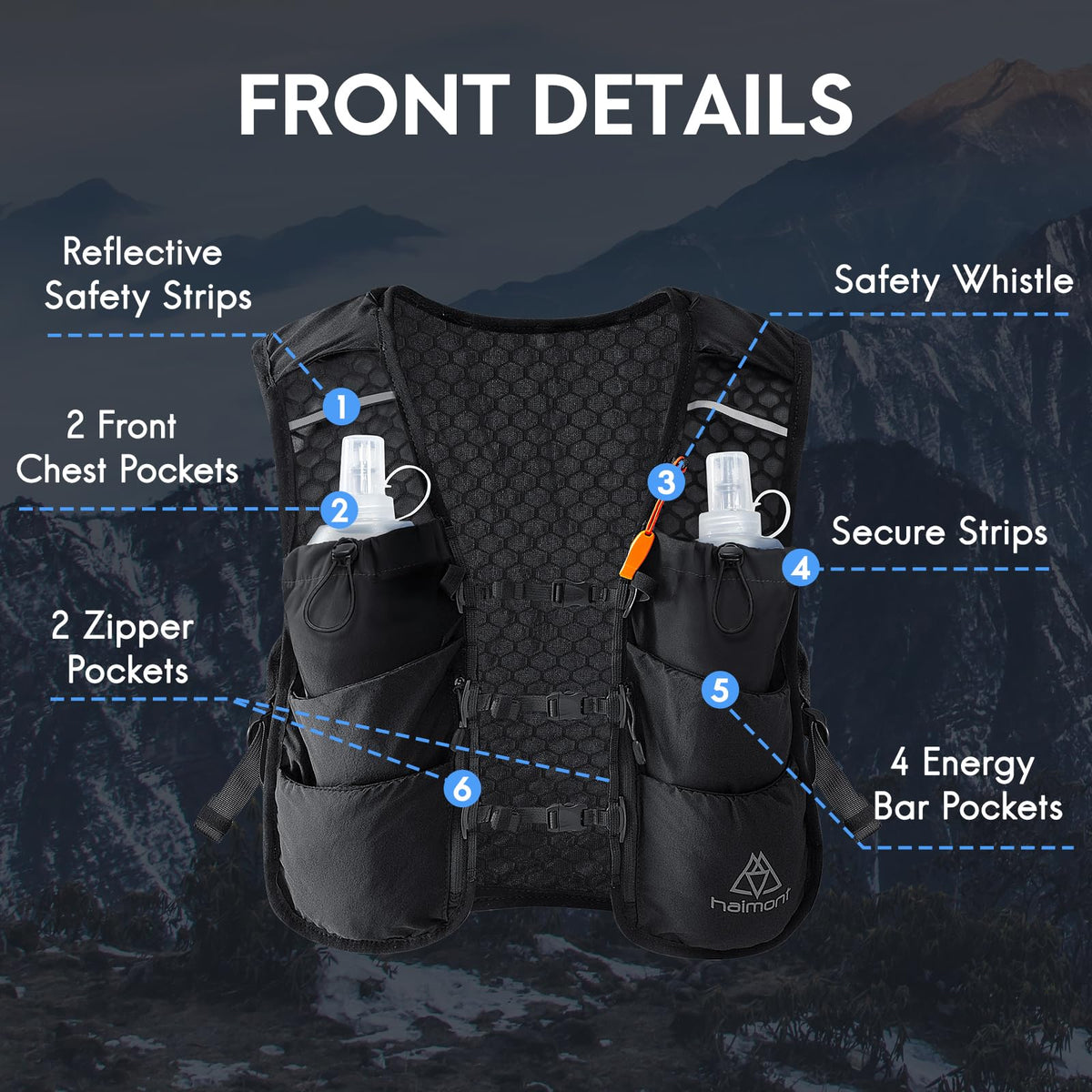 5L Trail Running Hydration Vest with Soft Flasks, Black, M