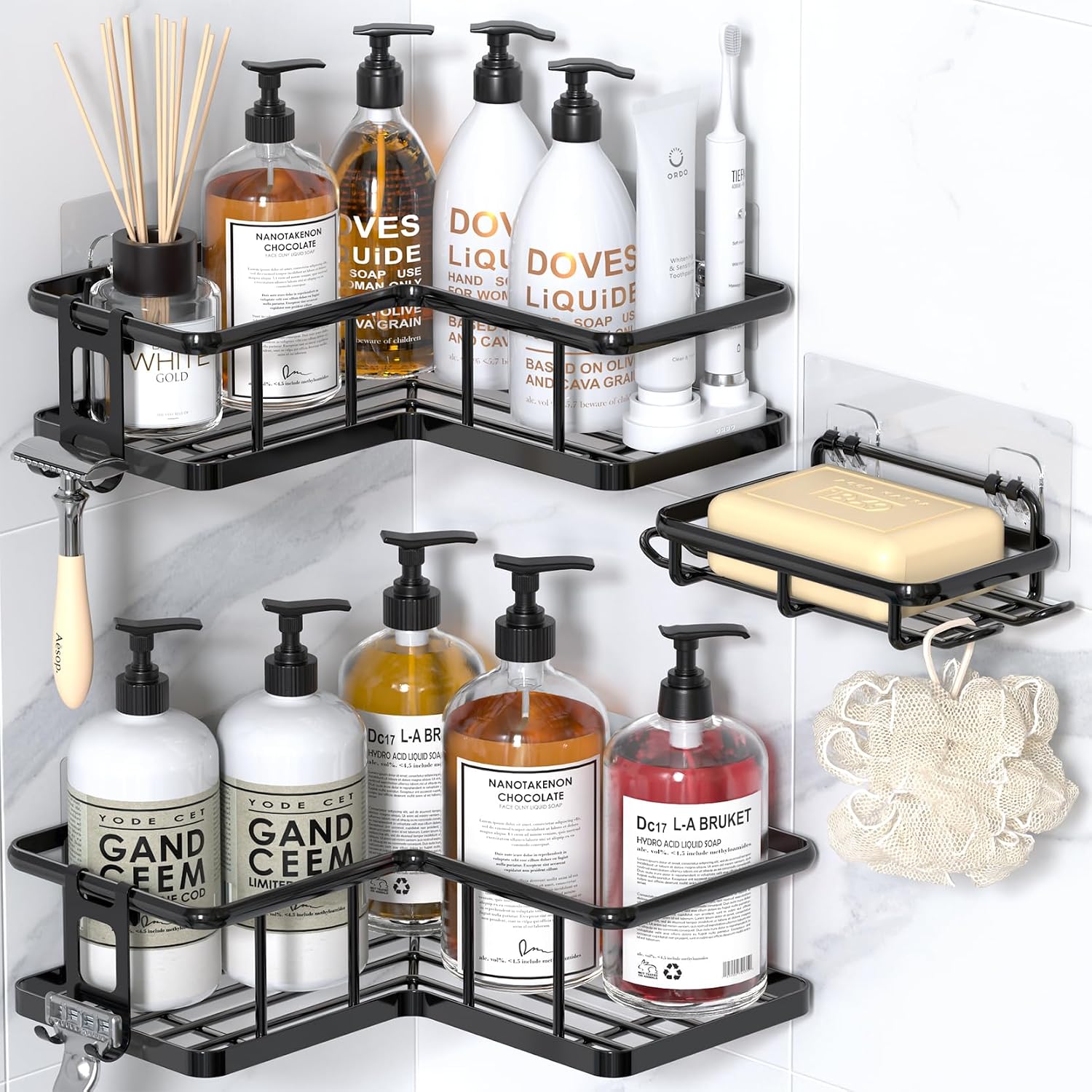 Corner Shower Caddy Adhesive, 100% Rustproof Shower Organizer with Soap Holder, No Drill Shower Shelf for Inside