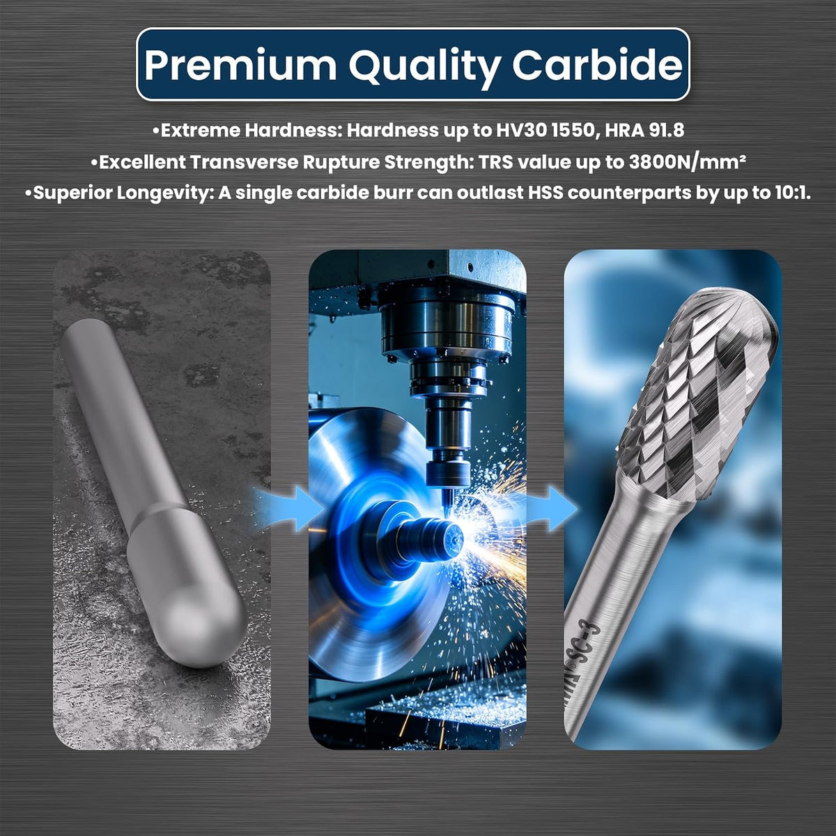 LU&MN SC-3 Tungsten Carbide Burr, 3/8" Head 1/4" Shank, 4 Pcs