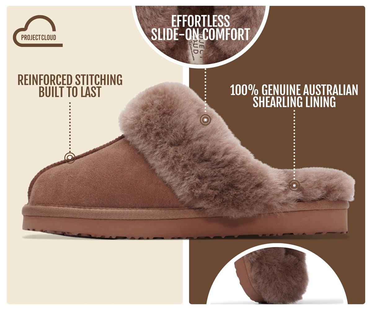 100% Genuine Leather Natural Fur-Lined Womens Clog Slippers