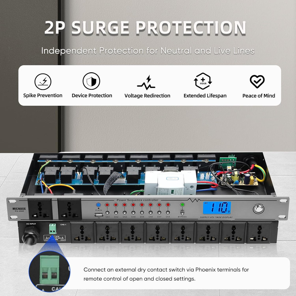 Rack Mount Power Conditioner 20A Sequencer for Audio Equipment, 10 Outlets 2000W Power Supply with 8 Independent