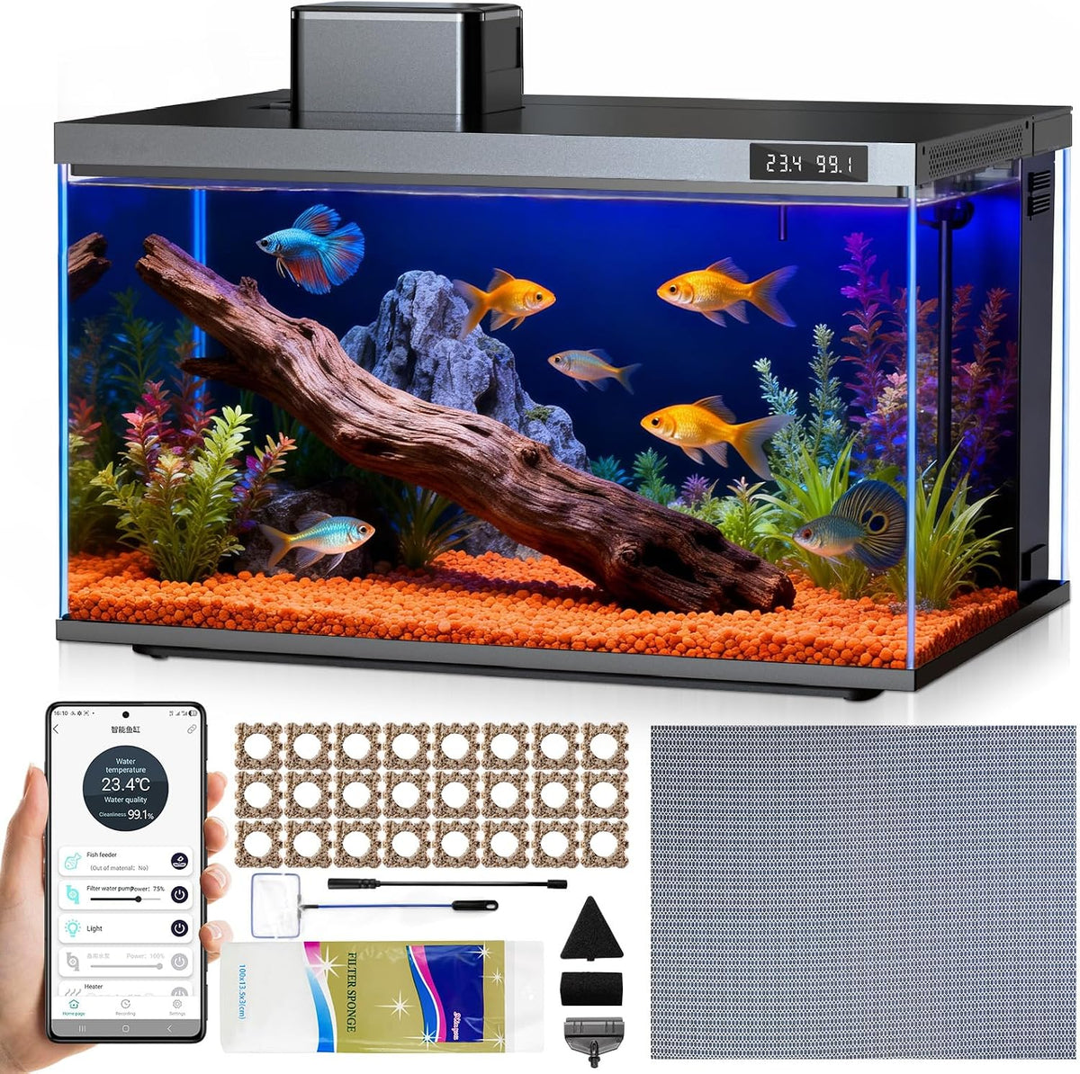 Fish Tank, 10 Gallon Smart Fish Aquarium Kit, Includes Quiet Pump, Filtration and LED Lighting, Smart Control with
