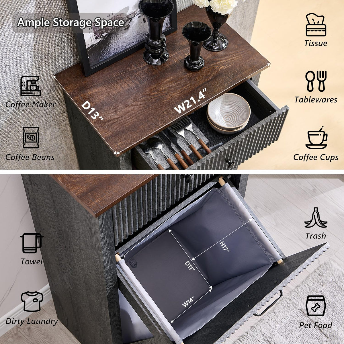 Tilt-Out Trash Can Cabinet, Fluted Laundry Hamper Cabinet, Dark Gray