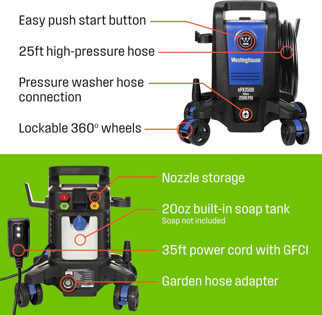 ePX3500 Electric Pressure Washer, 2500 Max PSI 1.76 Max GPM with Anti-Tipping Technology, Onboard Soap Tank