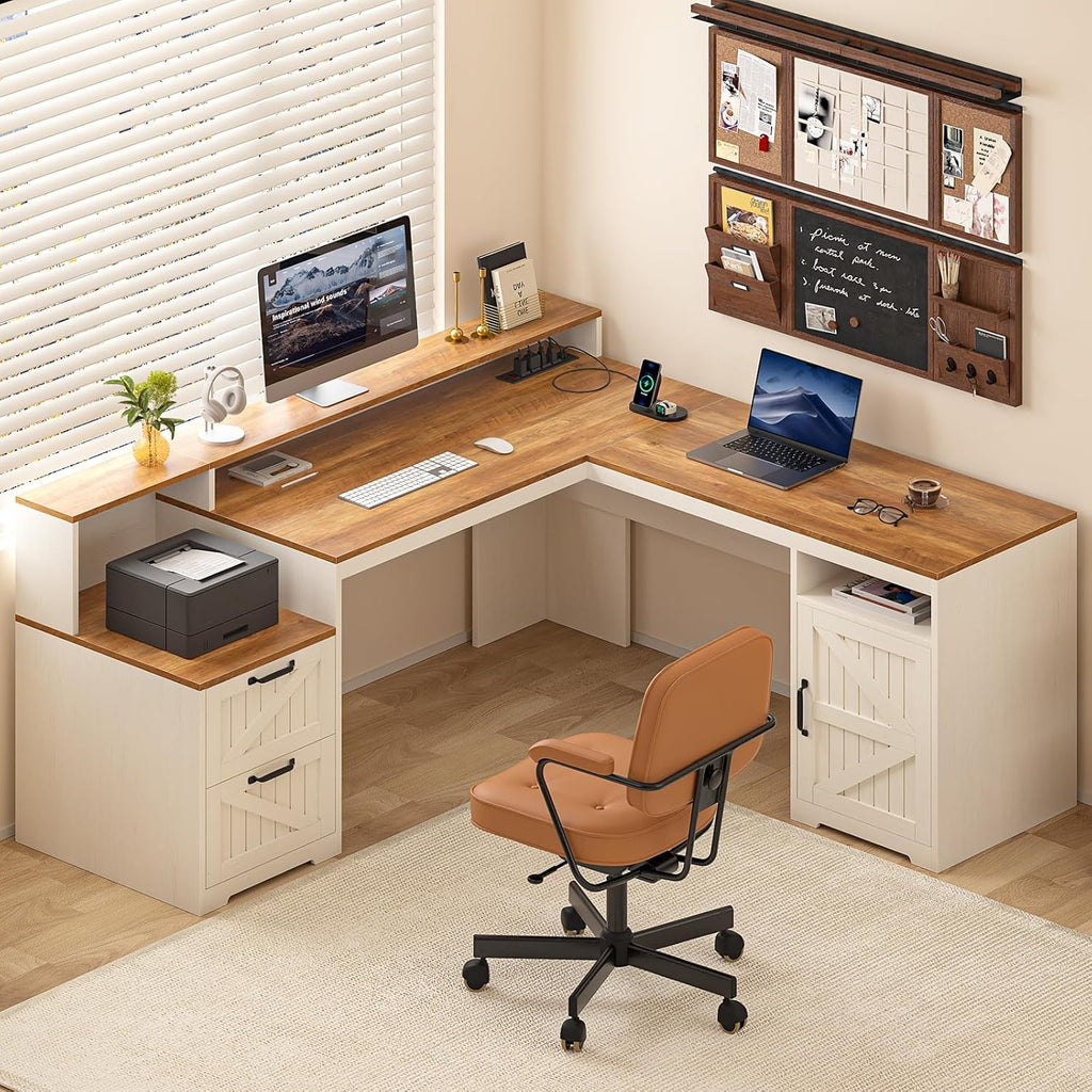 63" Farmhouse L Shaped Executive Desk with Drawers & Storage Shelf, Corner Computer Desk with Power Outlets, L Shaped