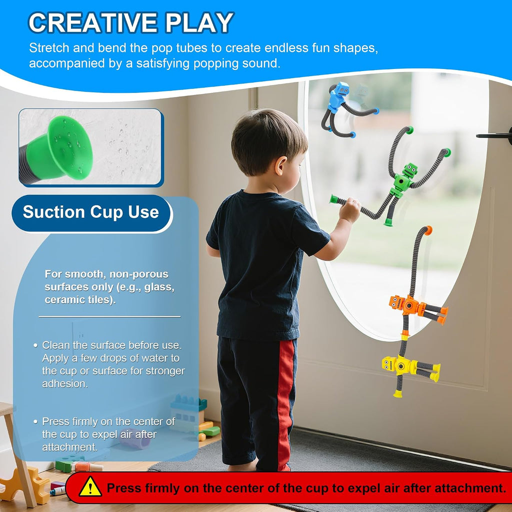 Robot Sensory Pop Tubes Toys 6PCS for Toddlers Boys Age 3-8, Suction Cup Stretchy Fidget Toy, Travel Toys, Autism