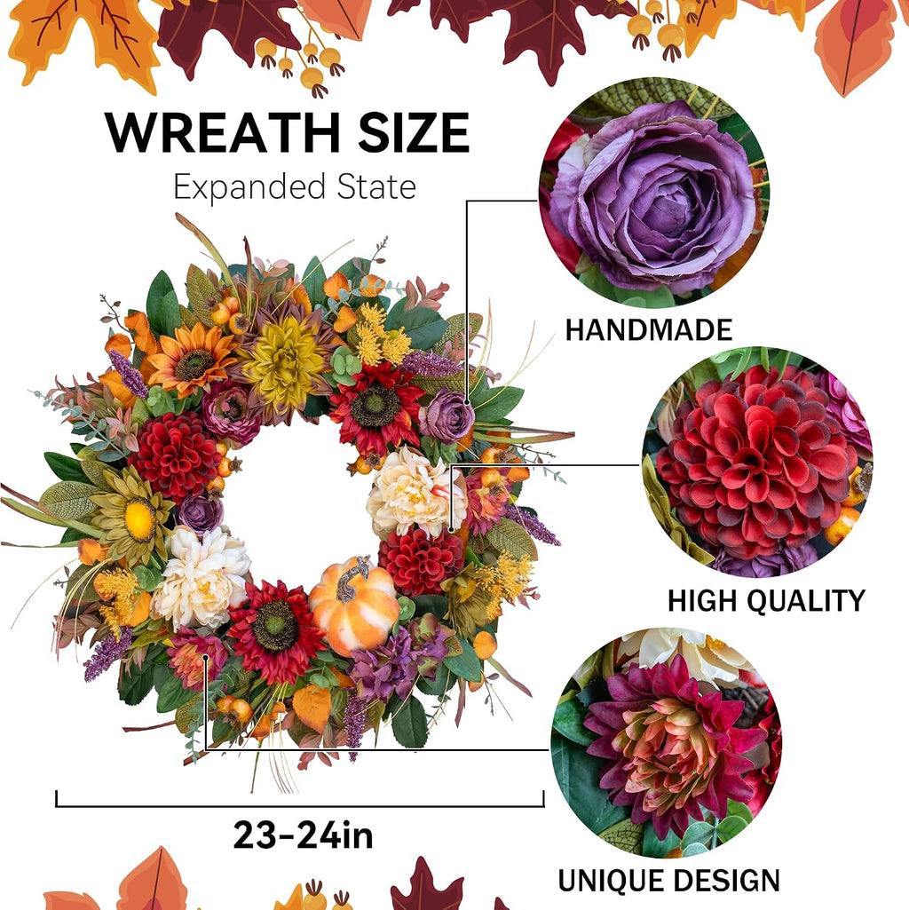 24 Inch Fall Wreaths for Front Door, Autumn Farmhouse Harvest Wreath | Fall Door Wreath with Sunflowers, Peony