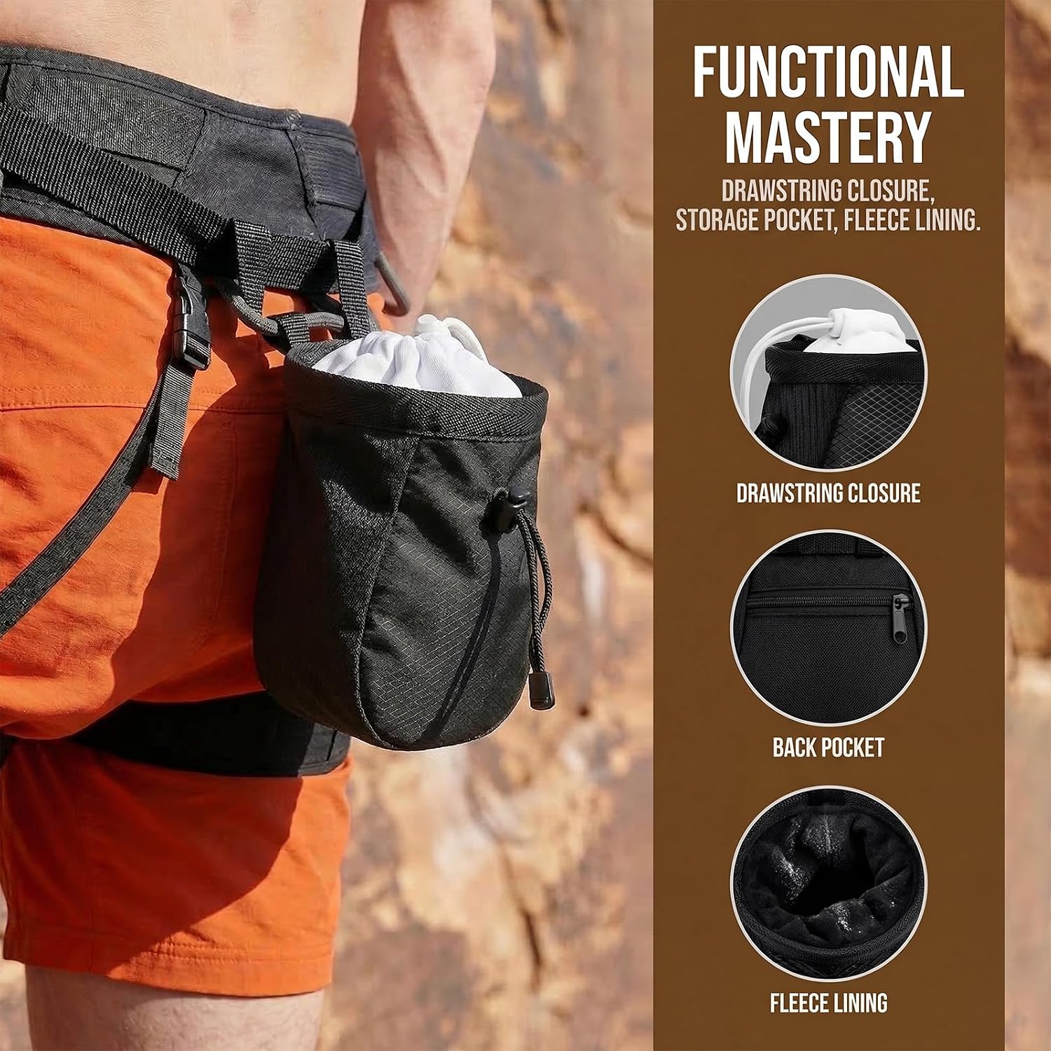 Climbing Chalk Bag for Rock Climbing - with Chalk Ball | Drawstring closure, Refillable chalk ball, Adjustable waist