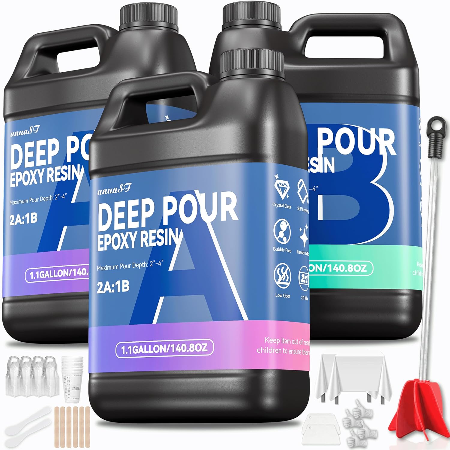 3.3 Gallon Deep Pour Epoxy Resin Kit, 2-4 Inch 2:1 Clear Deep Pour Epoxy | Contains Mixer, Bubble Free, Crystal