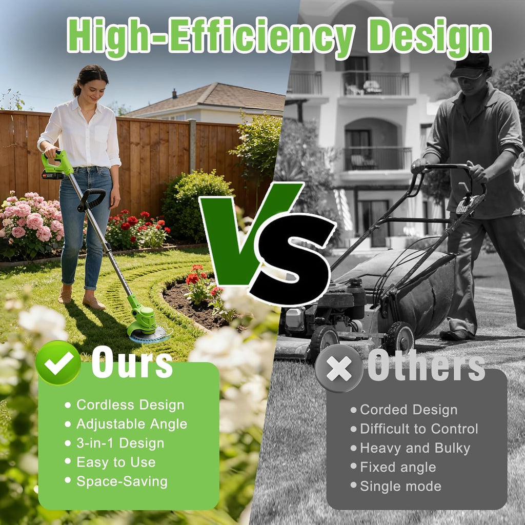 3-in-1 Cordless Weed Wacker: 21V Battery Powered Weed Eater | Electric Brush Cutter Lawn Edger with 2 x 2000mAh