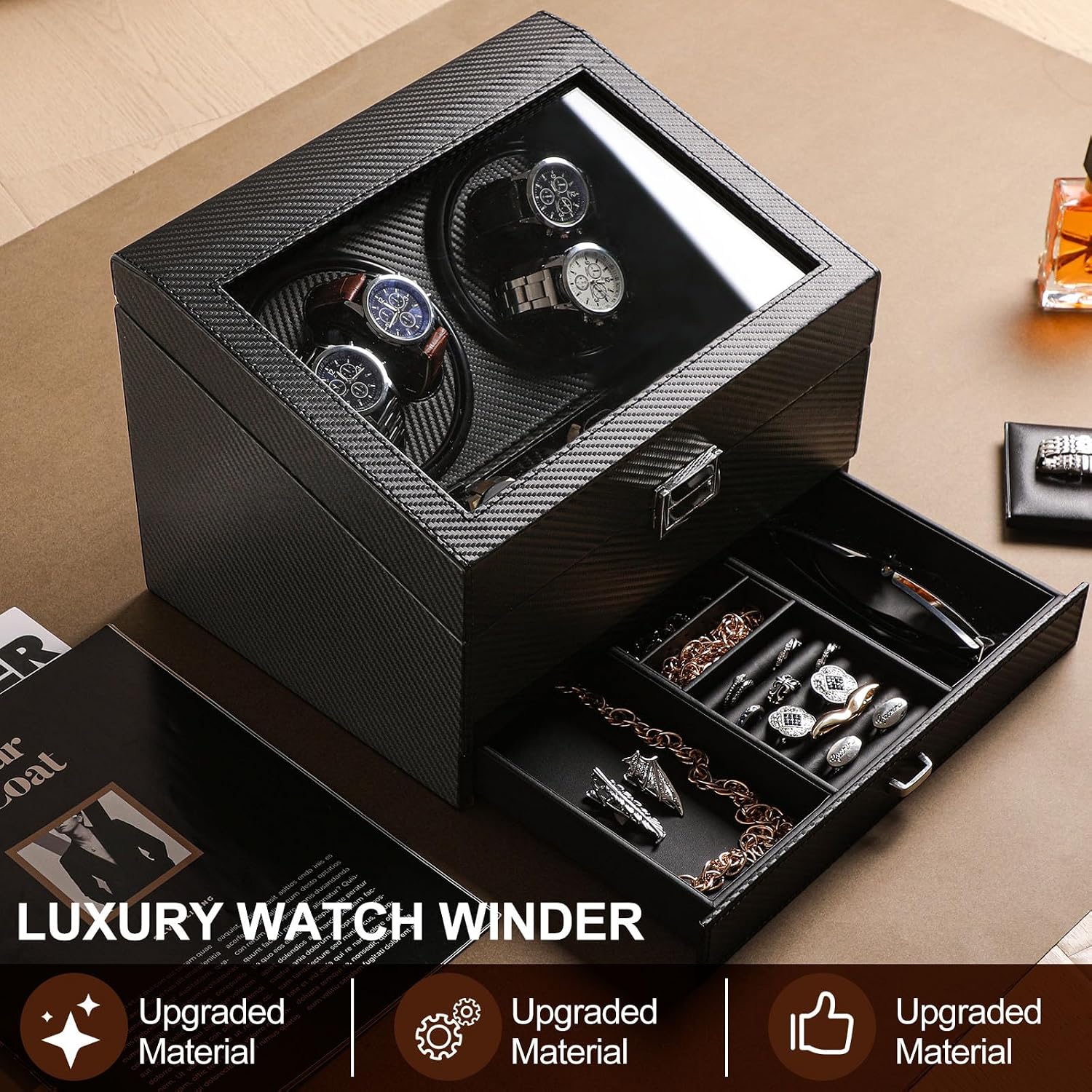 Watch Winder for Automatic Watch, Rotating Watch Display Case Quiet Running Motor Watches Jewelry Box with Drawer for