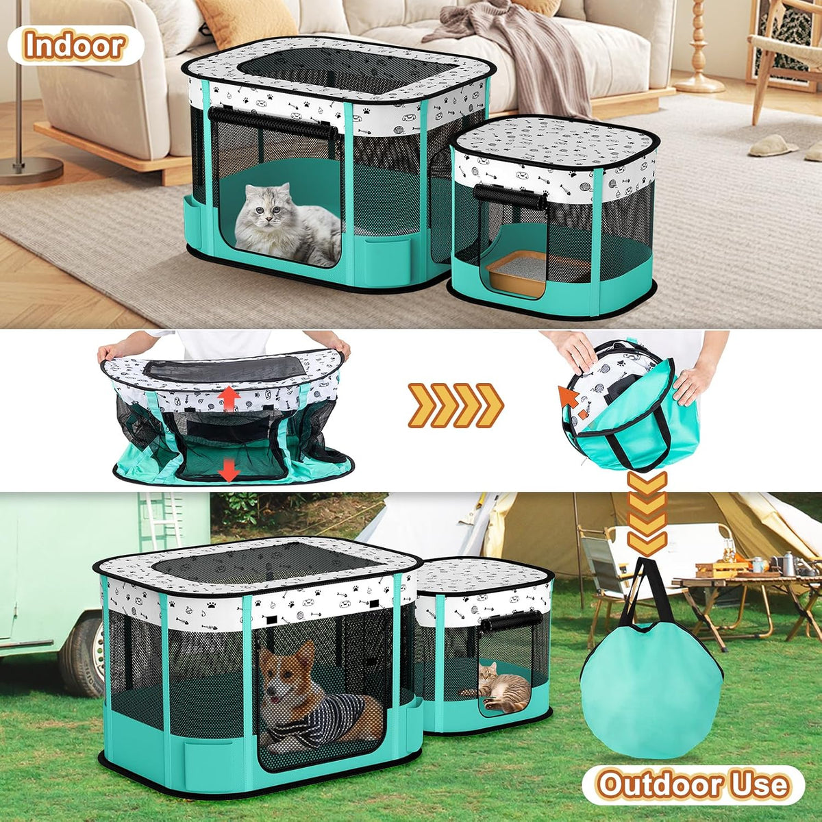 Portable Cat Playpen, 8-Rod Reinforced Kitten Dog Playpens, Foldable Play Pen for Indoor Cats Enclosed Pet Puppy