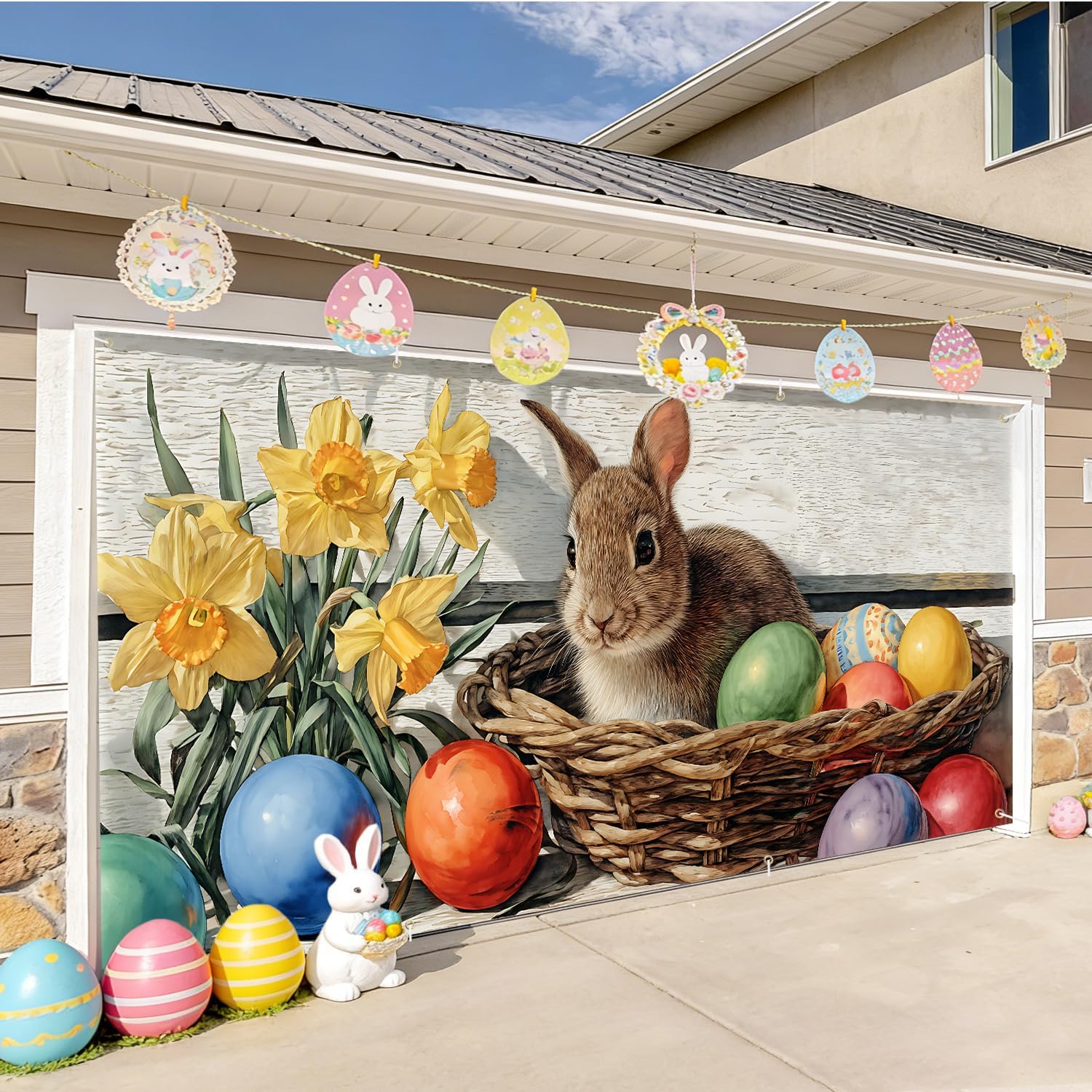 Easter Garage Door Cover Banner, Bunny in Basket with Colorful Easter Eggs and Daffodils, Rustic Spring Outdoor