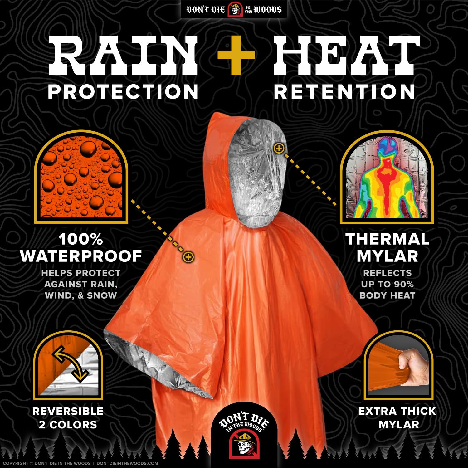 Don’t Die in The Woods – Emergency Poncho – Heat Saving + Rain Protection | Ultralight – Waterproof – Extra Thick –