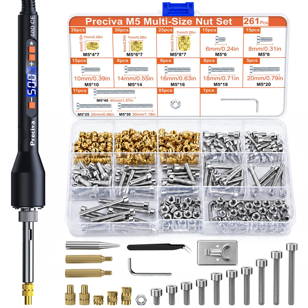 Preciva Heat Set Insert Tool, M5 Threaded Inserts Screw Kit for 3D Printing