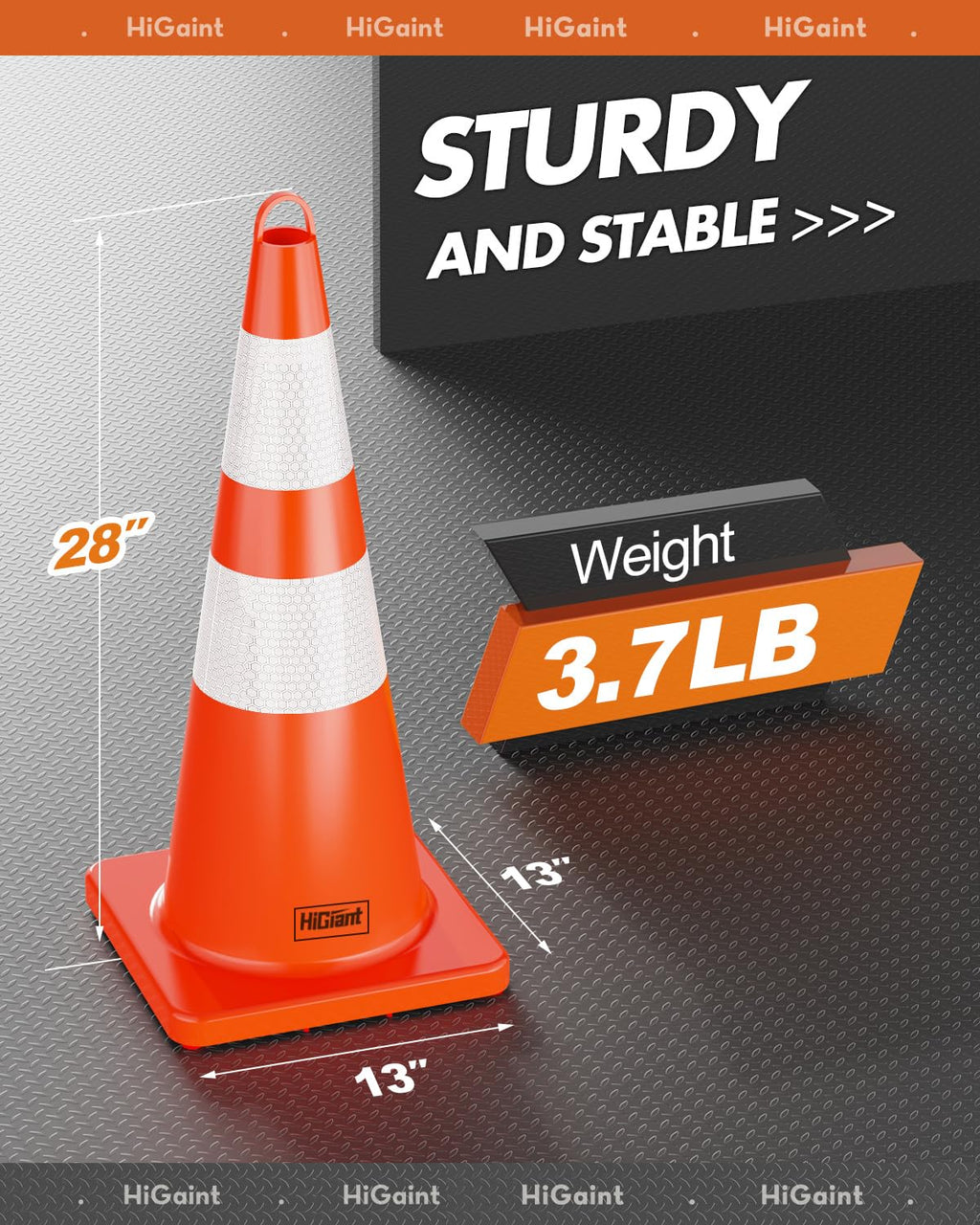 12 Pack 28" Traffic Cones with Wide Base | 3.7lb Each; 13" x 13" Base; Top Carry Ring; Stackable for Compact Storage.