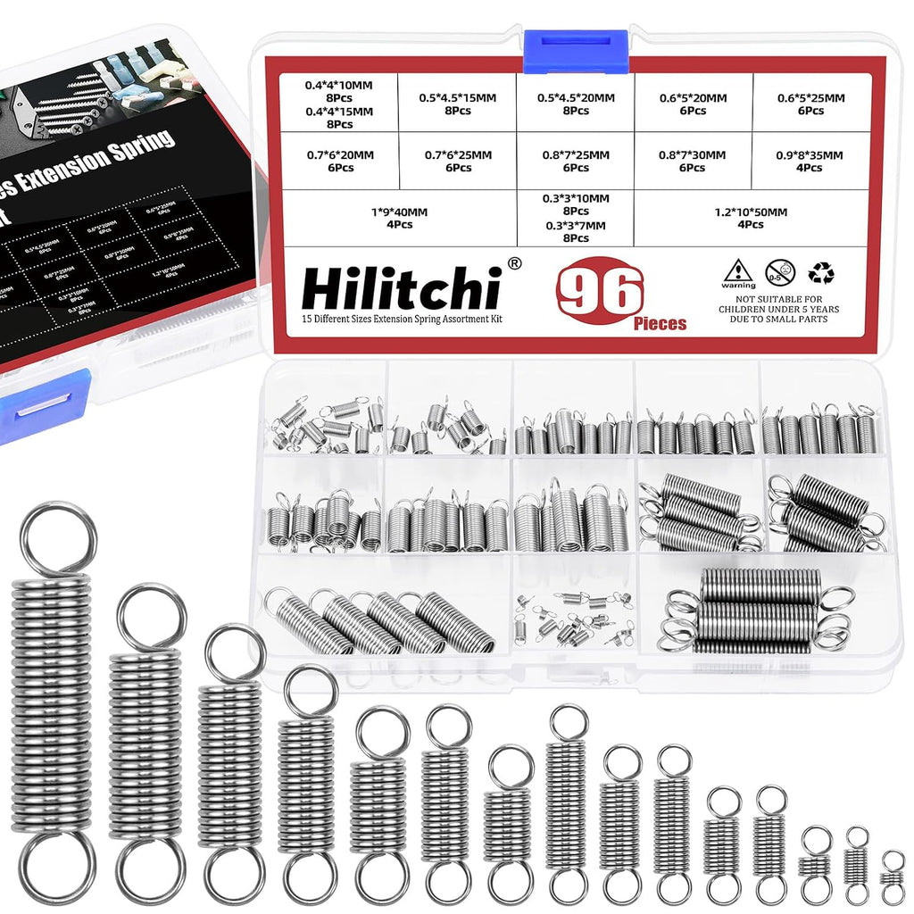 96Pcs 15 Sizes Extension Spring Assortment Kit Extension Spring Stainless Steel Springs Assorted Size Small Springs