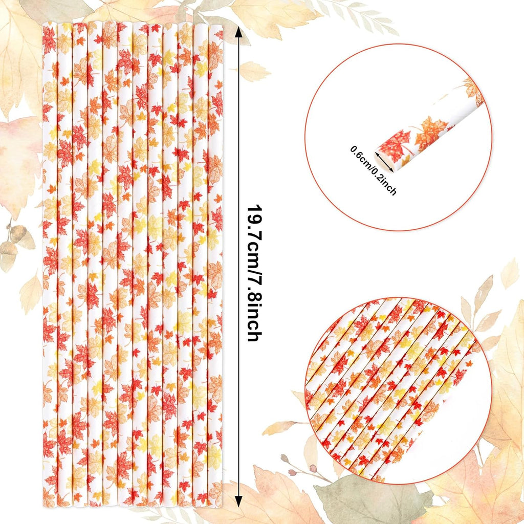 200Pcs Fall Thanksgiving Paper Straws Maple Leaf Disposable Straws Orange Yellow Maple Drinking Straws Autumn
