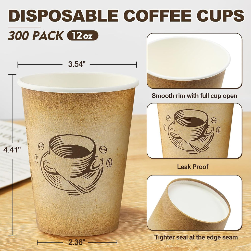 300 Pack 12oz Disposable Paper Coffee Cups Retro Design