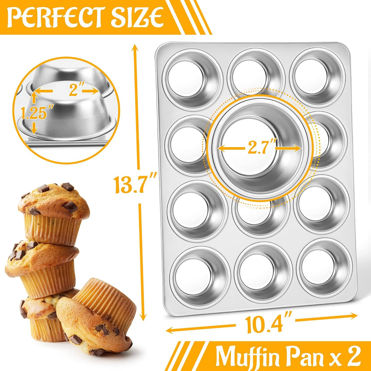 Muffin Pan 12-Cup, 2-Pack Stainless Steel Cupcake Pan for Oven