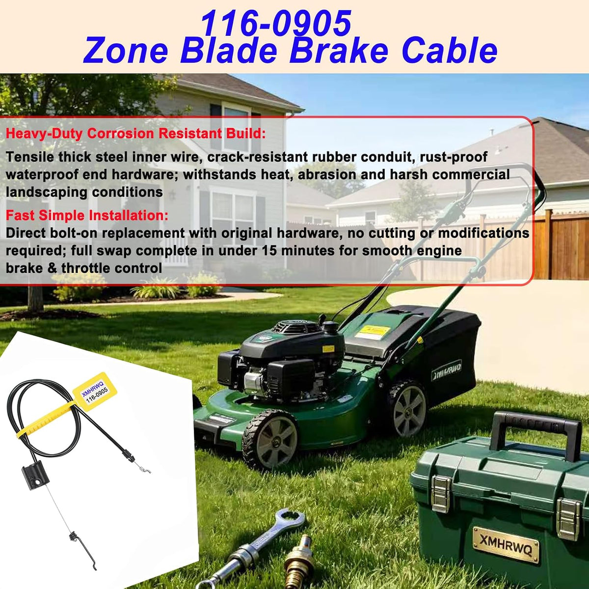 116-0905 Blade Brake Cable Replace 116-0900 290-362 for Exmark 21" Walk Mower FJ180V 58" Cable 49-1/2" Conduit Z-Bend & Spring Ends, Fits Exmark Commercial 21" Walk Mowers with Kawasaki FJ180V Engines