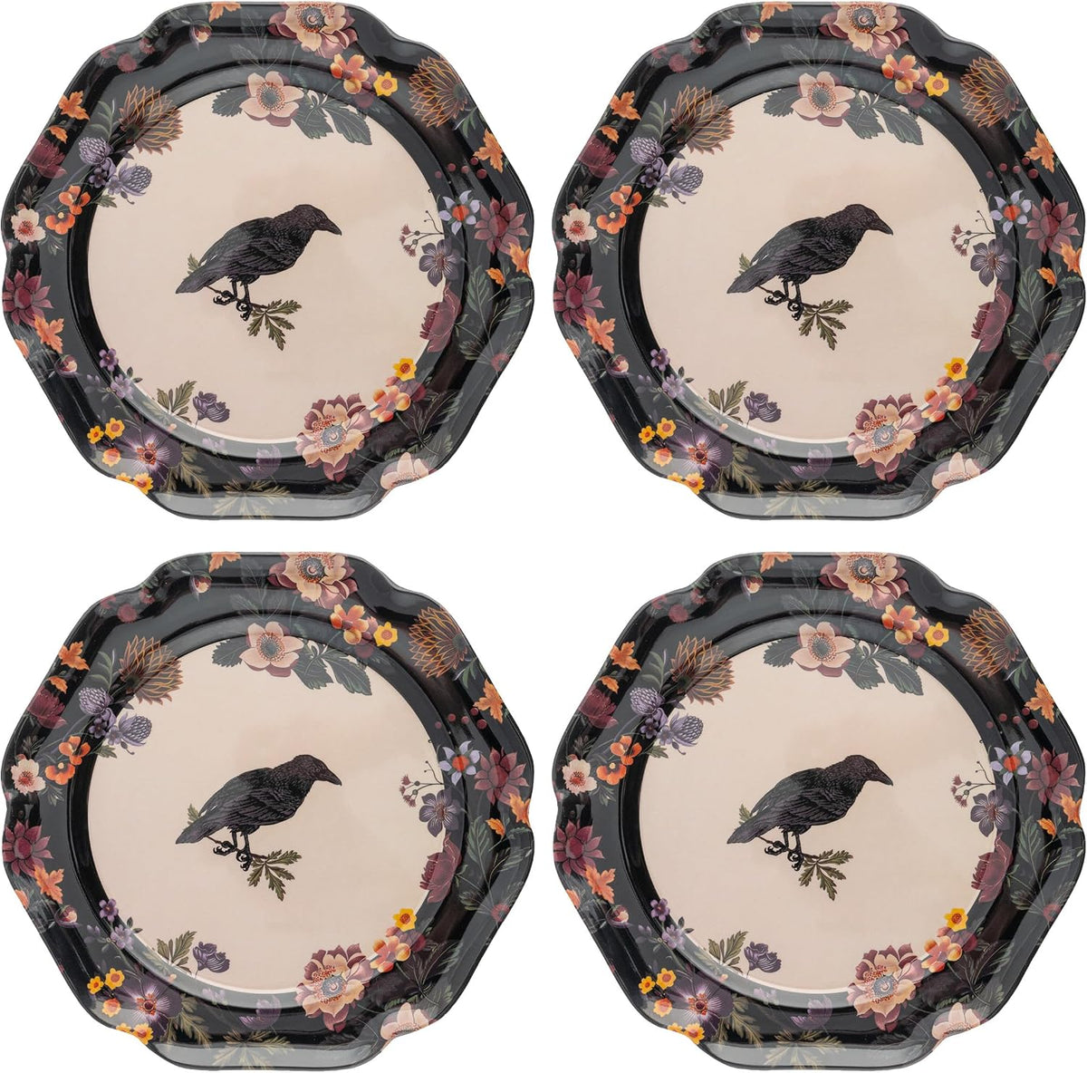 8.75 inches Melamine Salad Plates Set of 4, Reusable Dishwasher Safe Plates for Outdoor and Indoor, Crow