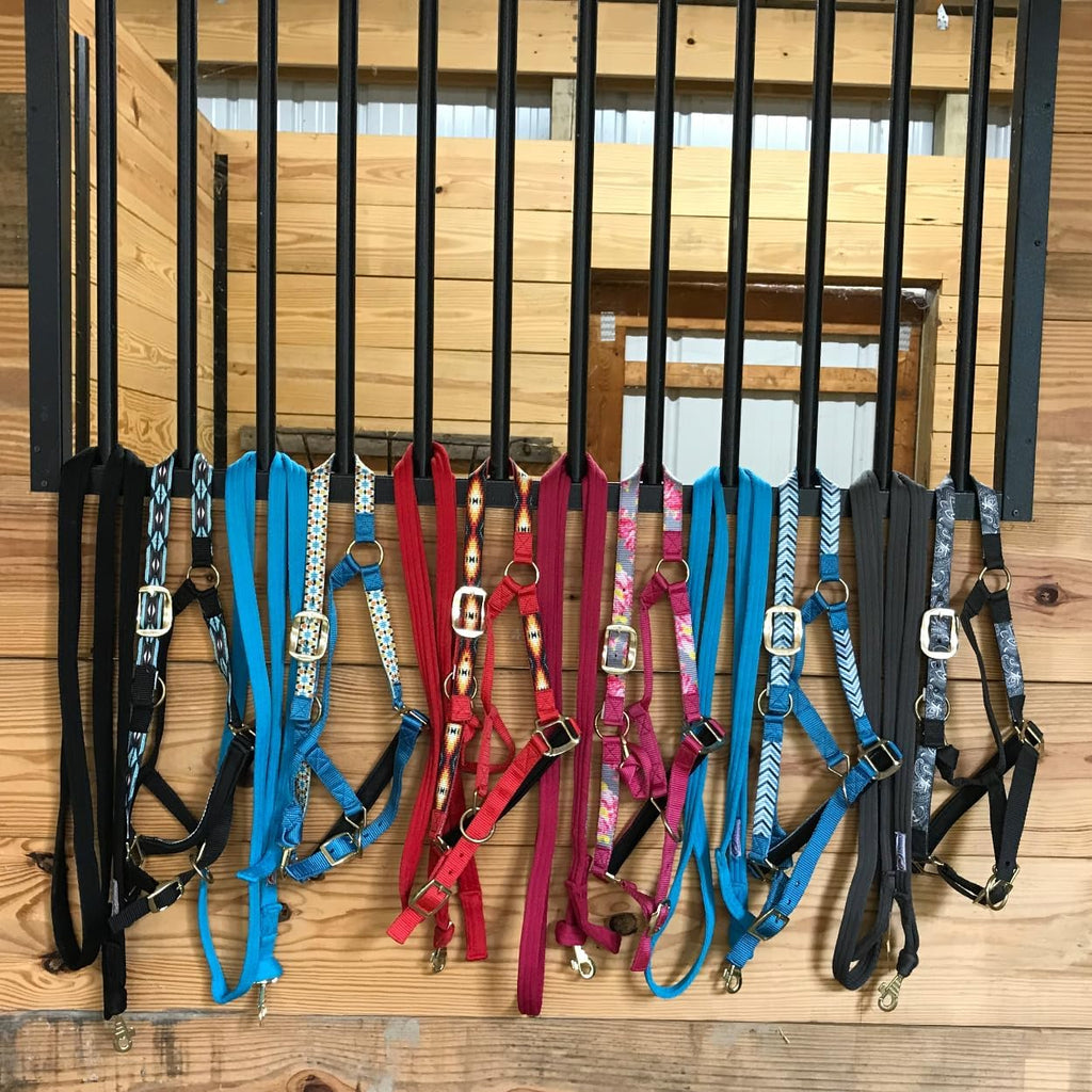 Patterned Nylon Adjustable Horse Halters with Padded Noseband and Matching 10’ Soft Grip Lead Rope with one Year