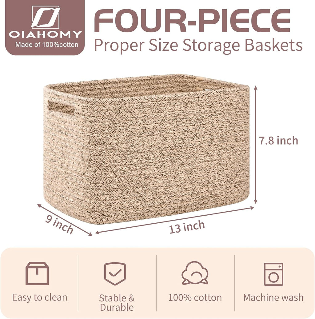 4 Pack Storage Baskets for Organizing, Cube Storage Bins for Shelves, Rectangle Storage Baskets With Handles, Woven