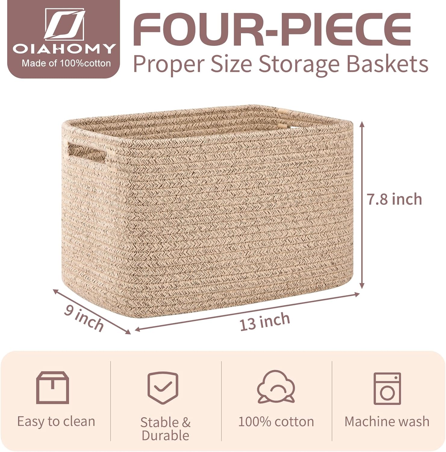 4 Pack Storage Baskets for Organizing, Cube Storage Bins for Shelves, Rectangle Storage Baskets With Handles, Woven