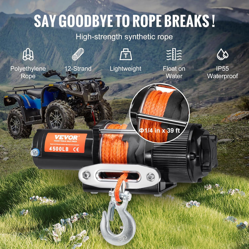 ATV Winch, 4500 lb Electric Winch with Synthetic Rope, 12V DC ATV UTV Winch 1/4 in x 39 ft Aluminum Fairlead Wired