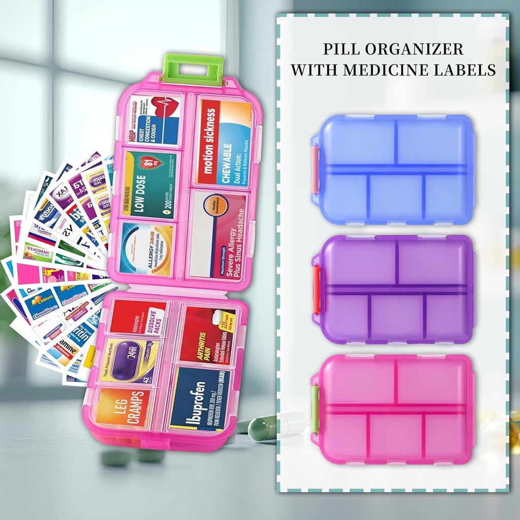 Pill Organizer with Medicine Labels, Travel Daily Pill Container, Mini Medication Organizer, 7-Day Pill Case, Set of