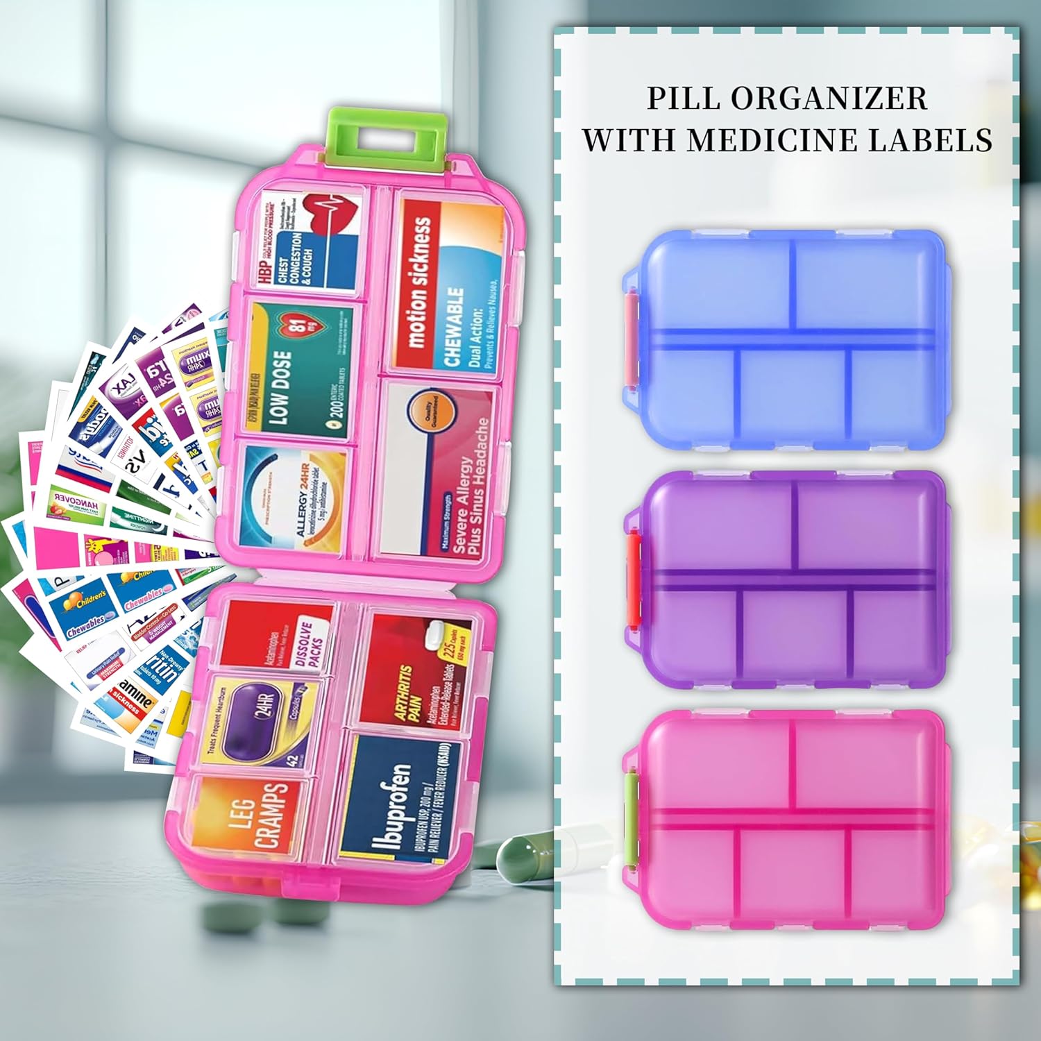 Pill Organizer with Medicine Labels, Travel Daily Pill Container, Mini Medication Organizer, 7-Day Pill Case, Set of