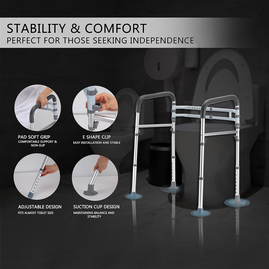Toilet Safety Rails (350 lb), Adjustable Toilet Frame for Elderly, Seniors, Handicap & Disabled, Foldable Handicap