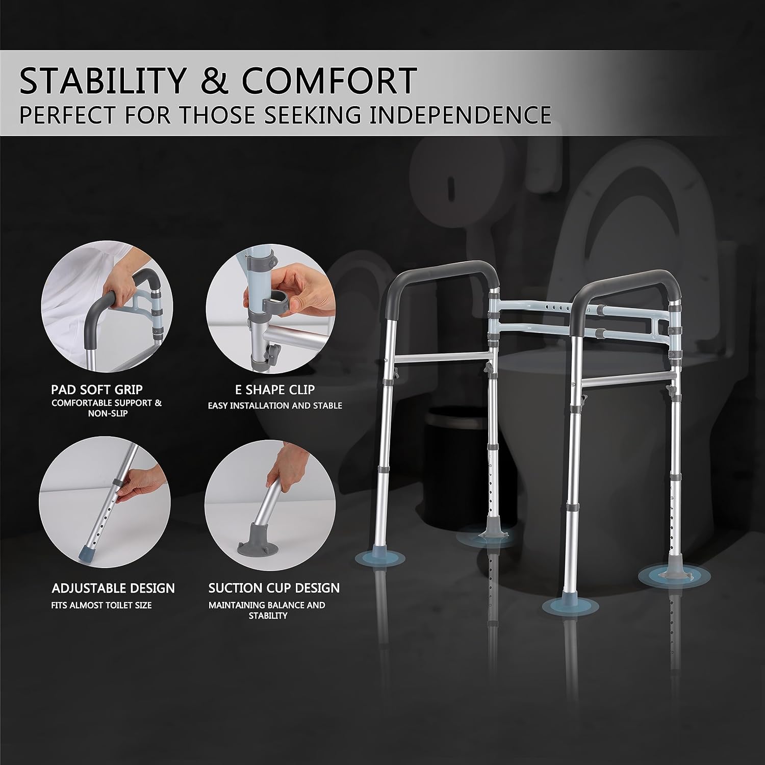 Toilet Safety Rails (350 lb), Adjustable Toilet Frame for Elderly, Seniors, Handicap & Disabled, Foldable Handicap