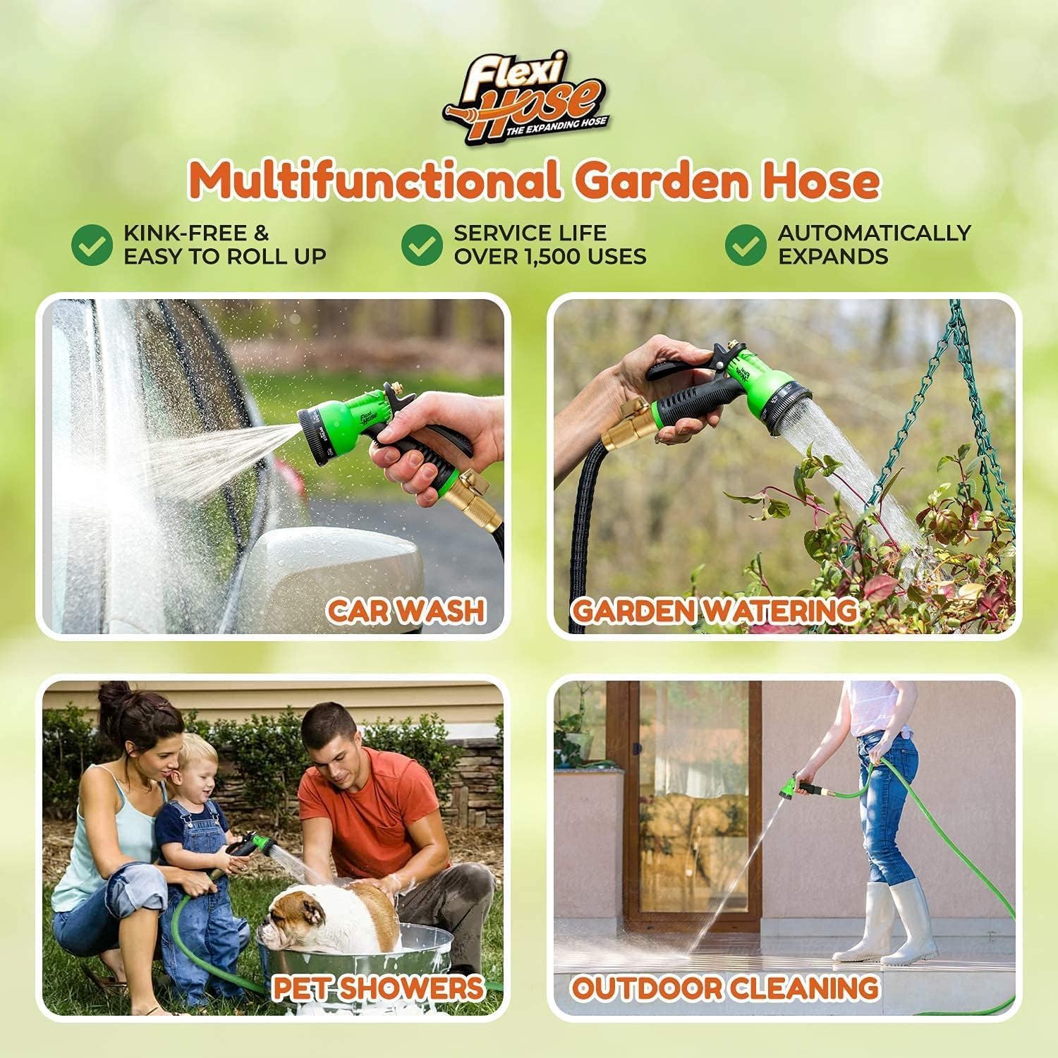 Expandable Garden Hose with 8 Function Nozzle, 50FT - Lightweight Retractable Garden Hose, Water Hose - No-Kink