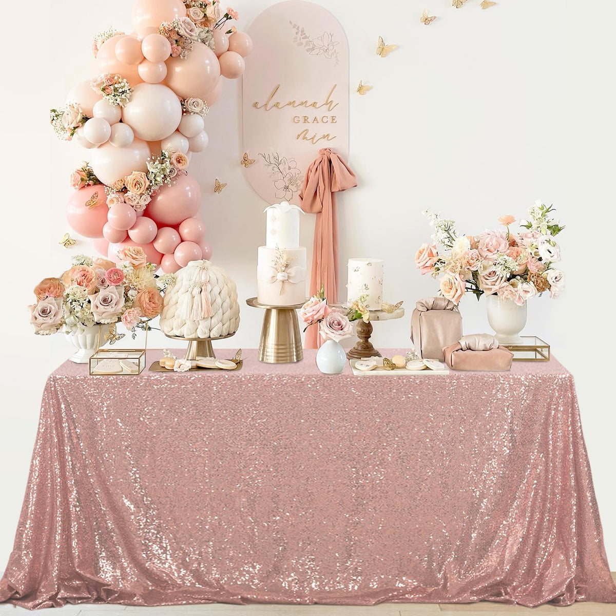 OQSQ Rosegold Rectangle Sequin Tablecloth - 60x102 inch, Glitter Drape Table Cloth, Sparkle Sequence Table Overlays