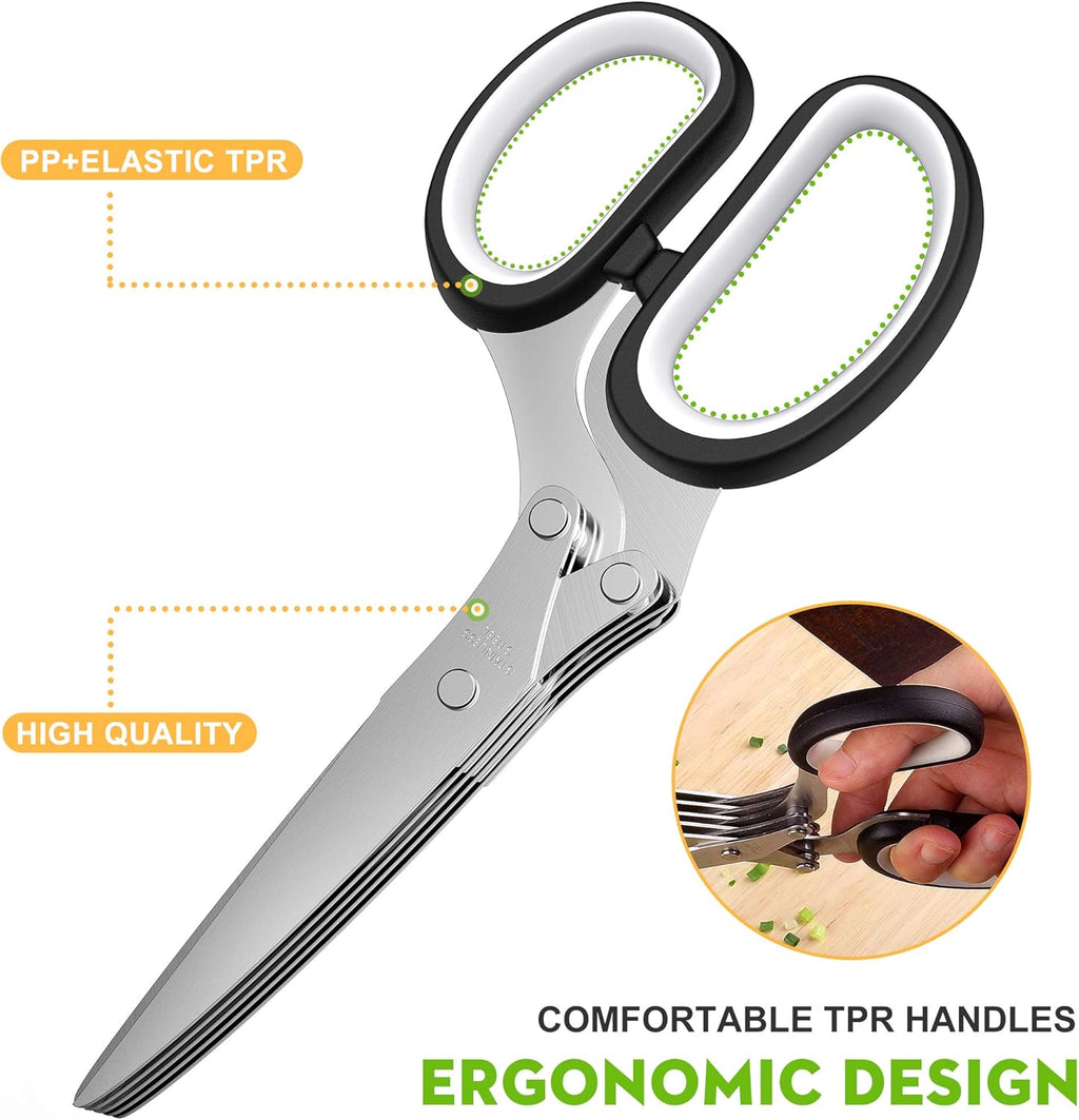 Herb Scissors with 5 Blades and Cover, Kitchen Herb Cutter with Cleaning Comb, Stainless Steel Multi Blade Herb
