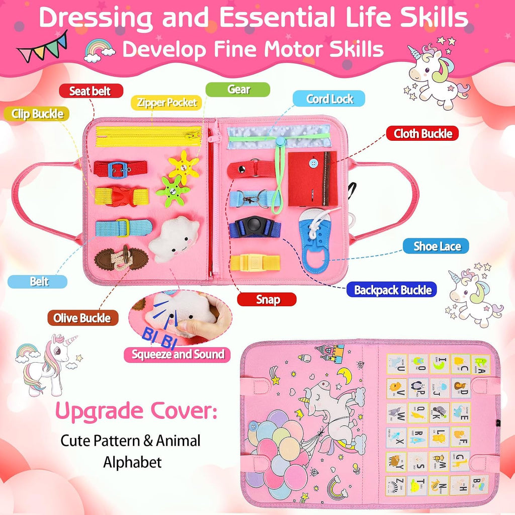 Busy Board Montessori Toys for Girls, Sensory Book Educational Activities for Learning Fine Motor Skills, Birthday