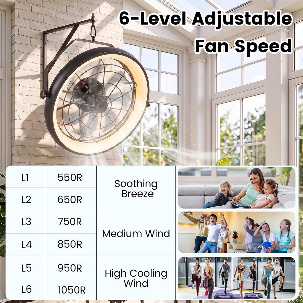 20" Wall Mounted Fan with Dimmable LED Light, 6 Wind Speeds & Timer