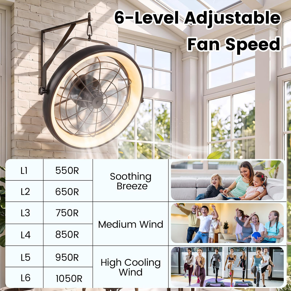20" Wall Mounted Fan with Dimmable LED Light, 6 Wind Speeds & Timer