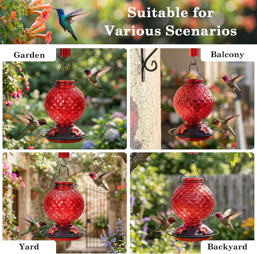25 OZ Glass Hummingbird Feeder for Outdoors, Leak Proof Hummingbird Feeder with Ant Moat, 4 Bee Resistant Feeding