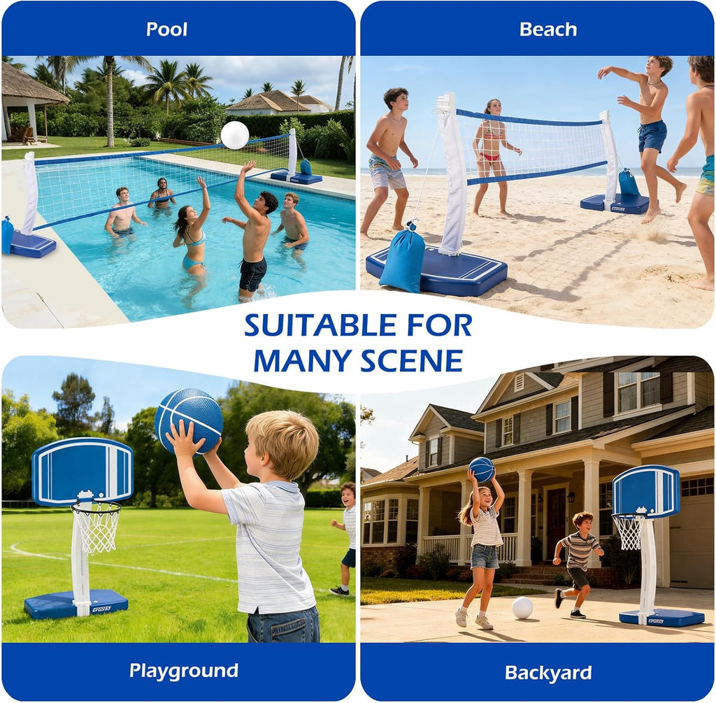 2 in 1 Pool Basketball Hoop and Volleyball Net Above Ground | Swimming Pool Toys for 3-12 Years Old Kids Poolside