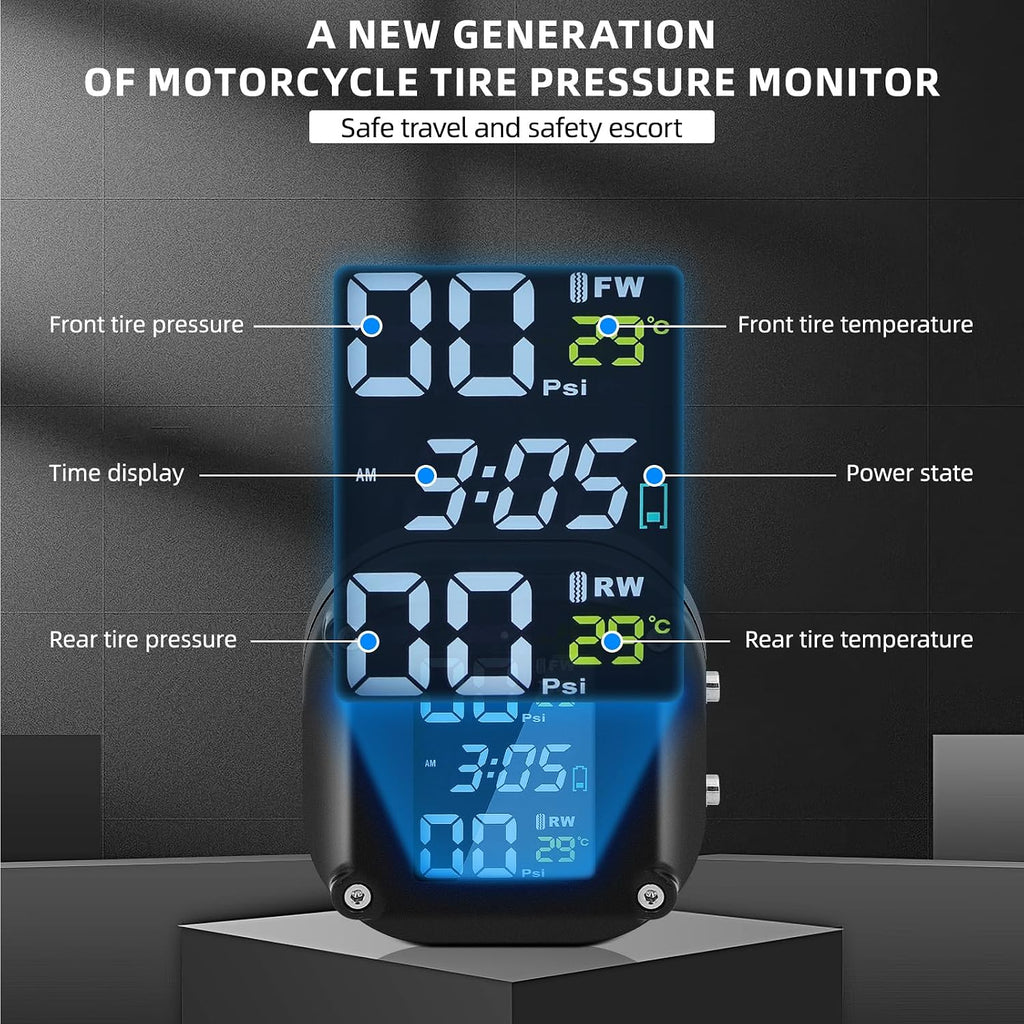 Motorcycle Tire Pressure Monitoring System, Motorcycle TPMS System | with 2 External Sensors, LCD Display, IP67