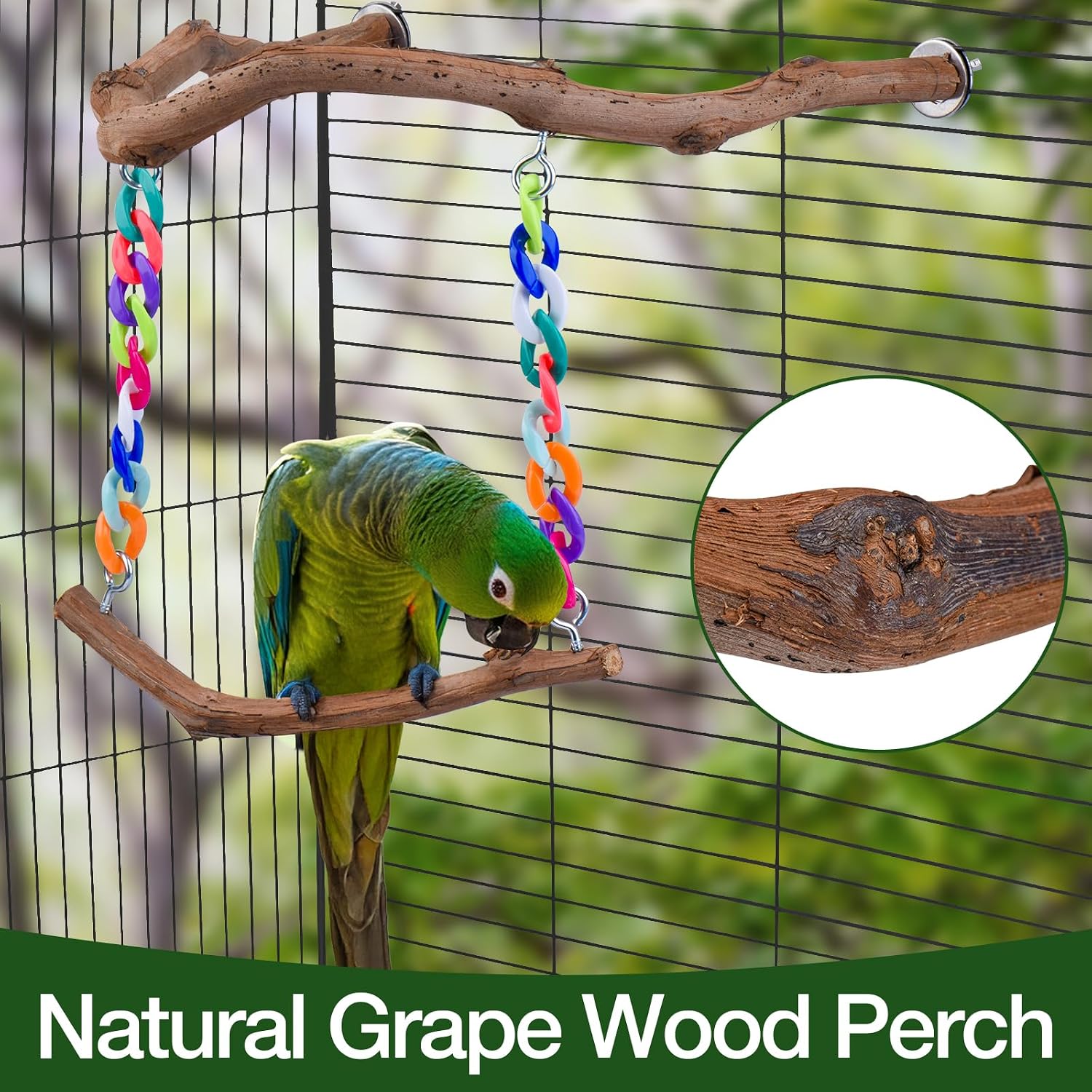 Bird Swing Toys, Standing Bird Perch with Natural Grape Wood, U Shape Hangable Birdcage Accessories, Birds Chewing